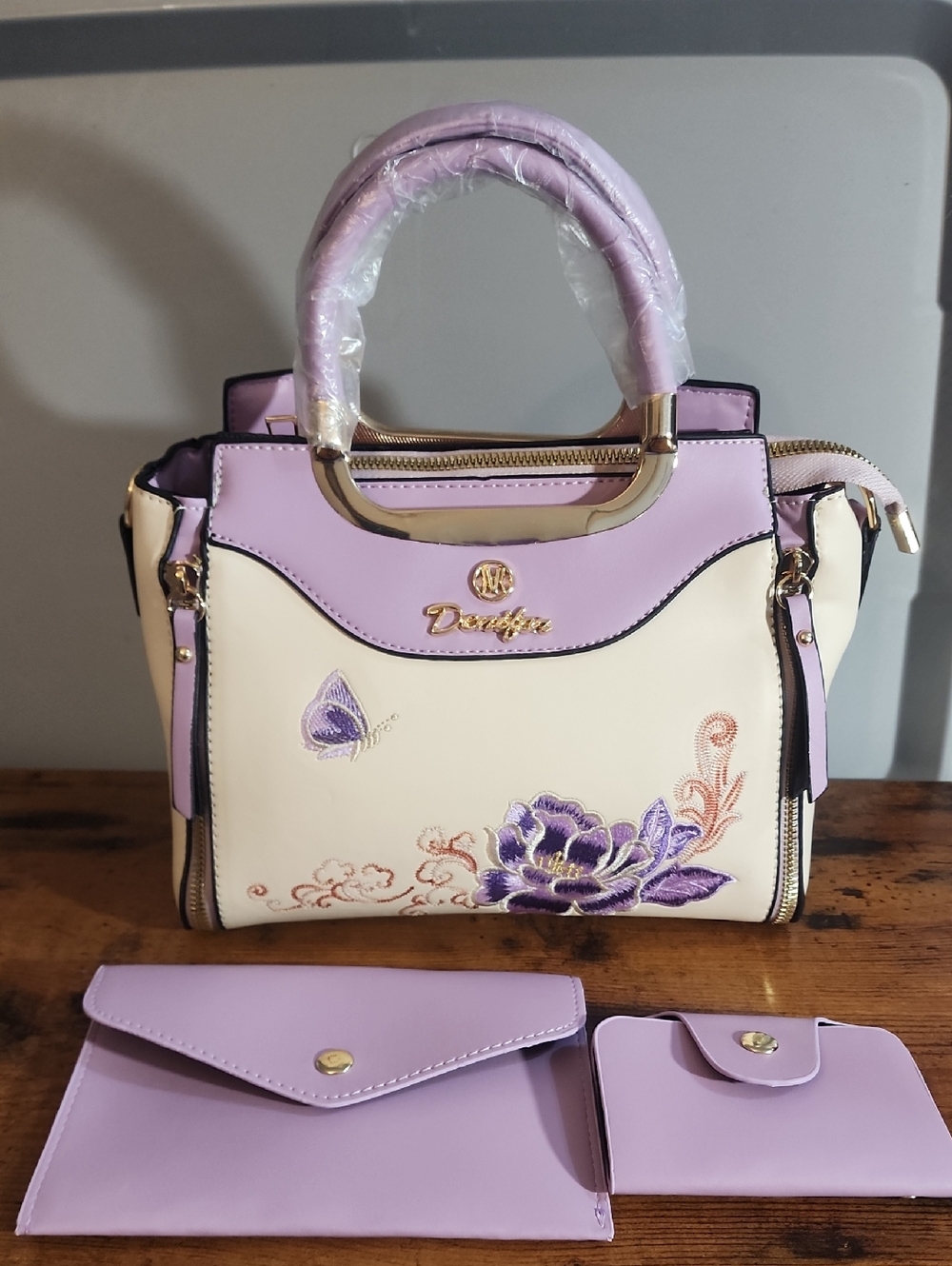 Purple 3 Pcs Set Women's Handbag With Elegant Geometric Print, Faux Leather FP